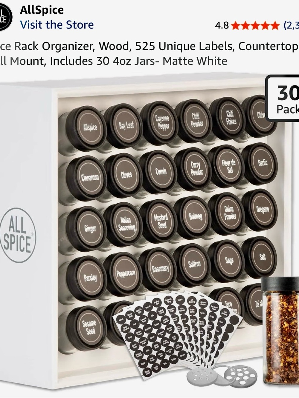 Matte White Magnetic Spice Rack Organizer with Black Lids - 30 Jars